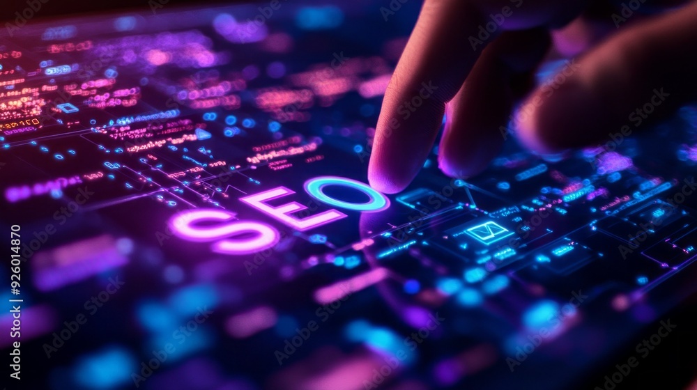 Poster A hand gently touches glowing digital text about online optimization, surrounded by vivid graphics and codes in a dark environment