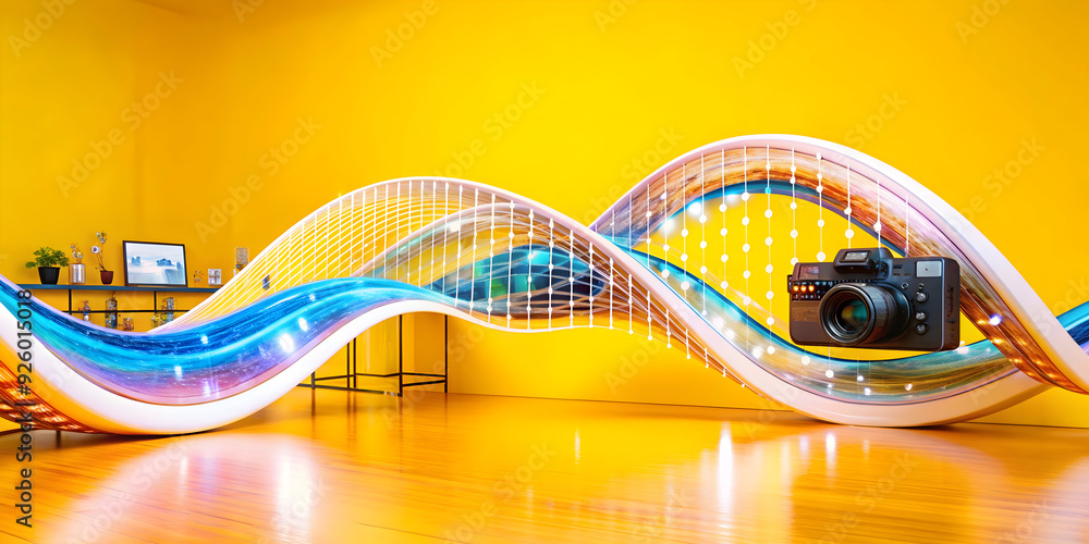 Poster abstract waves symbolizing ai-powered flexible workspaces with futuristic colors and shapes. highlig