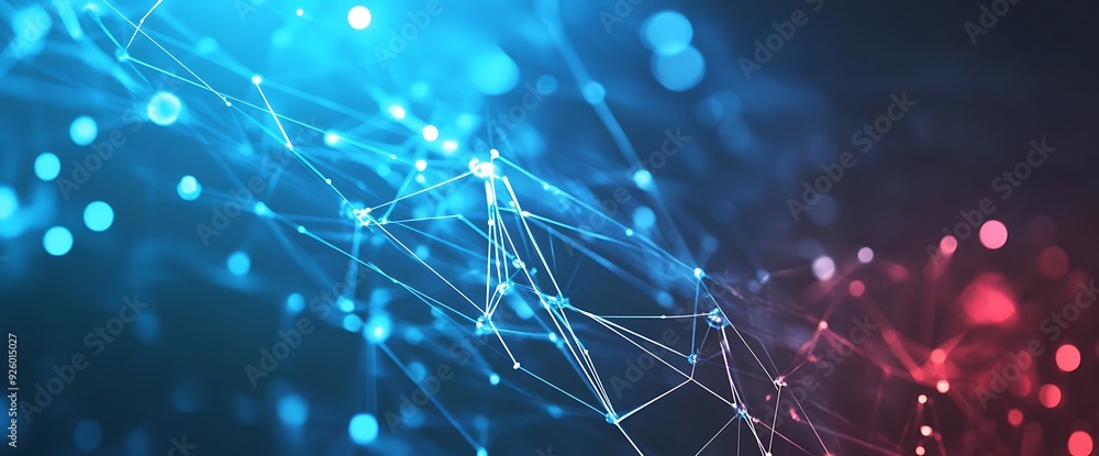 Poster abstract background with blue and red bokeh lights and connected lines.