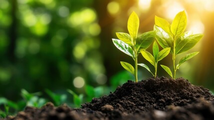 Young Green Plants Growing in Fertile Soil with Sunlight in the Background, Symbolizing Growth and Nature