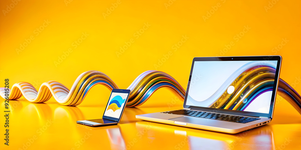 Poster dynamic workspace concept showcasing seamless integration of multiple devices through digital waves.