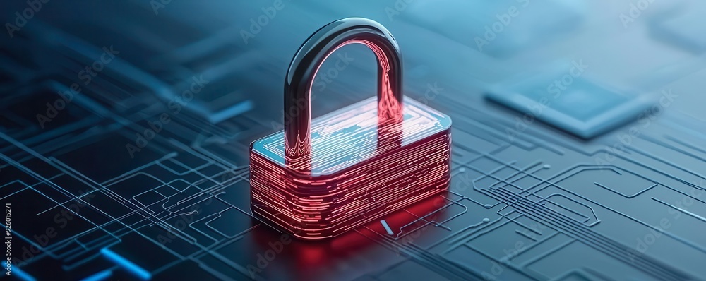Poster a digital padlock symbolizing cybersecurity and data protection on a circuit board background.