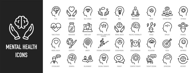 Mental health web icons in line style. Psychology, depression, bipolar, PTSD, therapy, psychologist, schizophrenia, dementia, stress. Vector illustration.