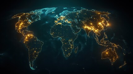 Global Network Connectivity - Illuminated World Map Showing Nighttime City Lights and International Connections