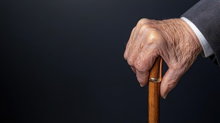 A detailed shot of an elderly hand gripping a cane, with visible signs of arthritis or frailty, highlighting the physical challenges that accompany aging and disease