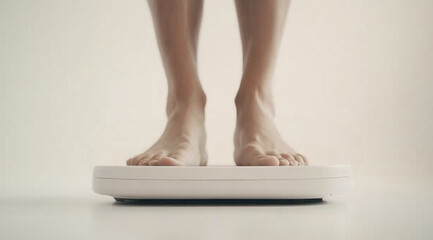 Medium shot of calves and feet, a person standing on a digital scale, with their feet symmetrically placed on the scale