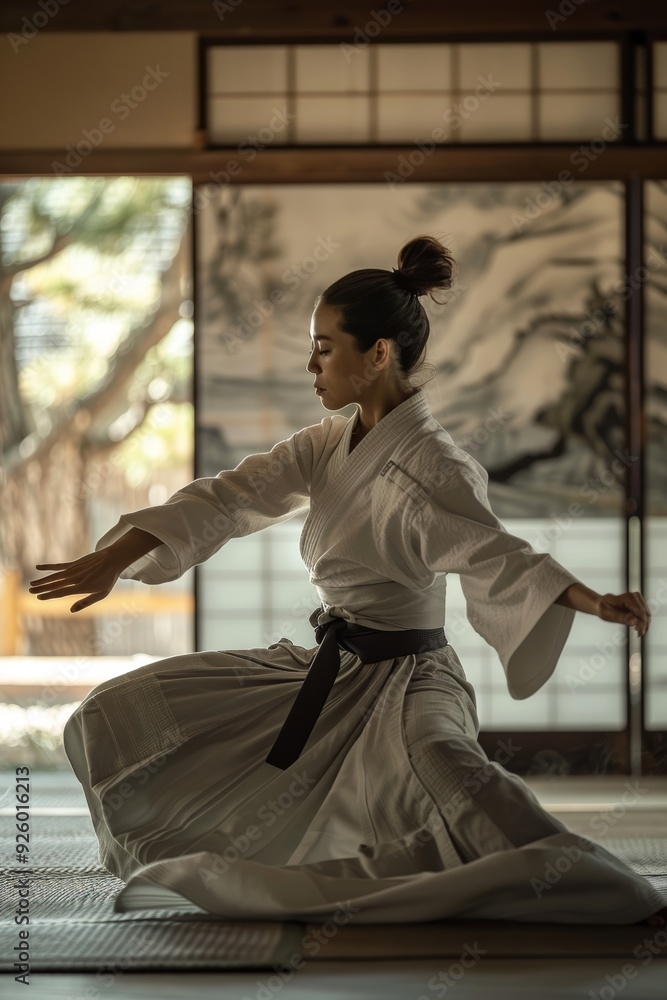 Poster aikido practitioner in traditional dojo gracefully executes throw in a serene setting
