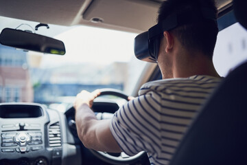 VR, man and driving in car with headset for augmented reality, metaverse and futuristic transport. 3D goggles, driver and person with digital streaming for simulation, virtual experience and gaming