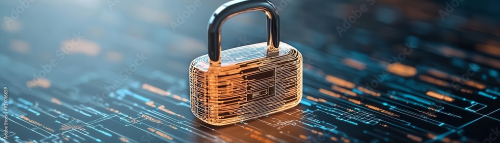 Poster a close-up of a padlock on a digital background, symbolizing security and data protection in the mod