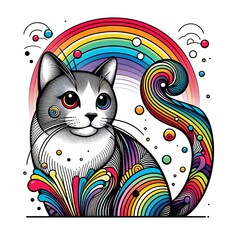 Rainbow Cat with Abstract Swirls and a Rainbow Background
