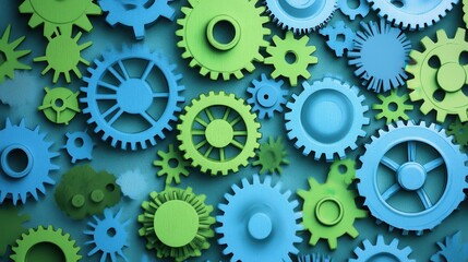 Colorful Interlocking Gears in Blue and Green Tones Representing Teamwork and Mechanical Engineering Concepts