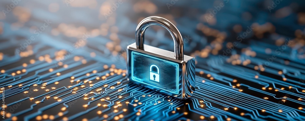 Poster a digital padlock symbolizing cybersecurity, surrounded by glowing data circuits. represents protect