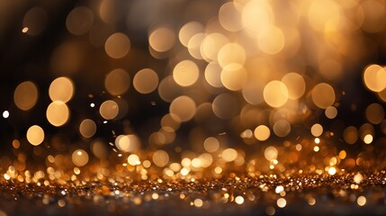 Abstract background with golden bokeh lights and glitter.