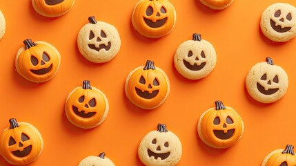 A pattern of smiling ghosts and pumpkins cookies on an orange background.