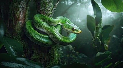 Fototapeta premium Green snake, wrapped around the tree.