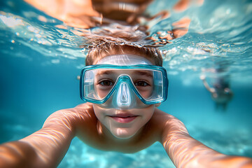Naklejka premium School boy underwater wearing goggles takes selfie while snorkeling in clear water. Travel adventure and excitement of exploring marine life. Vacation timespending activitity diving snorkeling concept
