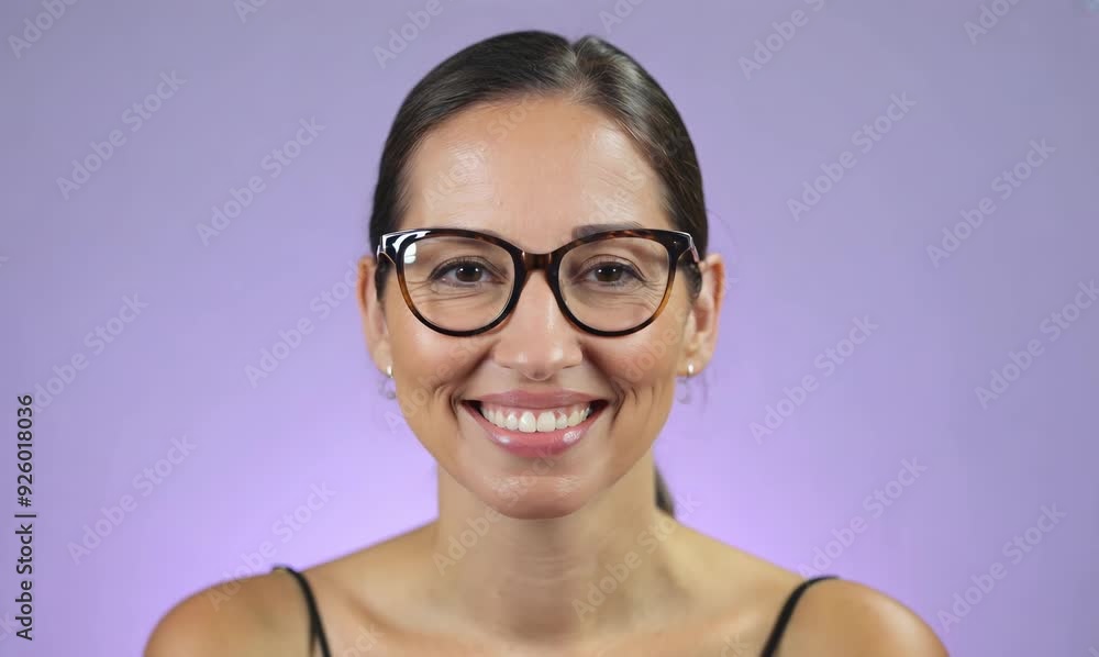 Poster Portrait of a smiling young woman wearing eyeglasses over purple background