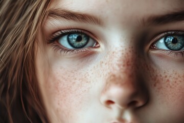 Fototapeta premium A close up portrait of a beautiful serious blue eyed girl looking in camera for children vision and eyes healthcare medical background