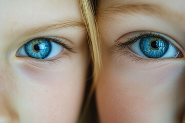 Naklejka premium A close up portrait of two beautiful serious blue eyed girls looking at camera for children vision and eyes healthcare medical background