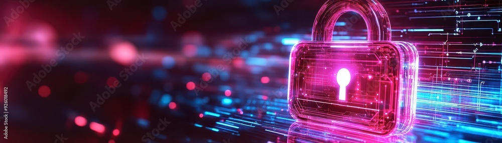 Poster digital lock symbolizing online security and data protection in a vibrant, futuristic environment.