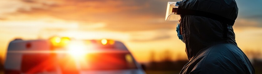 Obraz premium Emergency Medical Responder in Protective Gear at Sunset with Ambulance in Background