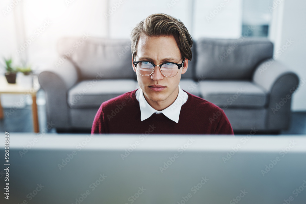 Poster Computer, confused and man in house with remote work for online it service with agile crisis. Mistake, technology and freelance software developer with debugging error on database for cloud computing