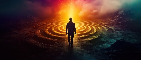 Fototapeta premium Silhouette of a Person Walking Towards a Glowing Light in a Mystical Labyrinth at Sunset