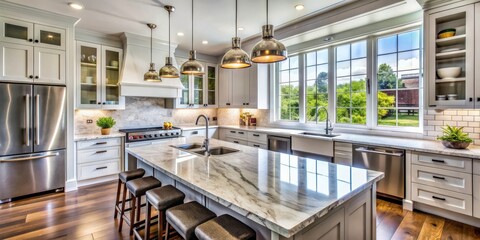 Obraz premium Modern kitchen with marble countertops, stainless steel appliances, and natural light through large window