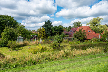 Obraz premium Green fields at the nature reserve of Kladdinger Wiesen, Bremen, Germany