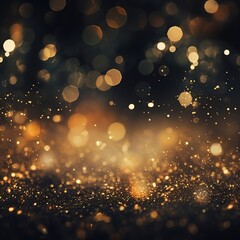 Abstract black background with golden bokeh and glitter.