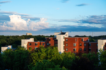 Bremen, Germany, July 16, 2024 - High angle over the suburbs with apartment blocks