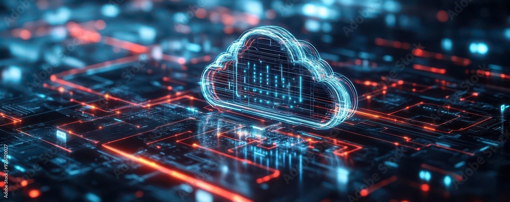 Poster a futuristic cloud symbol on a digital circuit board, representing data storage and technology innov