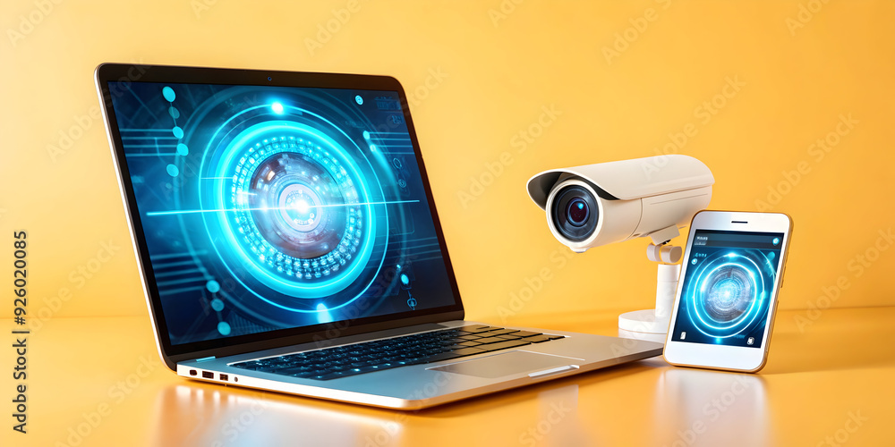 Poster holographic security app on laptop and smartphone with flexible workspace concept. secure modern wor