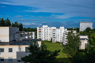 Bremen, Germany, July 16, 2024 - High angle over the suburbs with apartment blocks