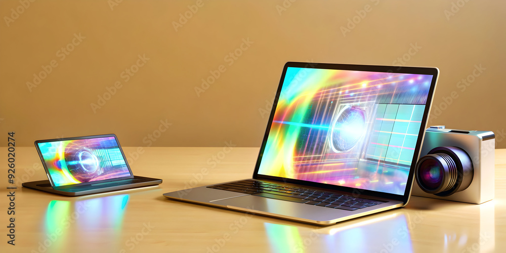Poster holographic design software on laptop and tablet in modern workspace setting with flexible environme