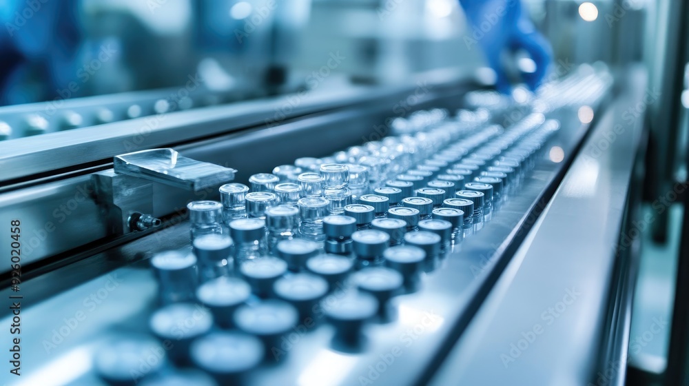 Poster conveyor belt with vials in a factory. photo shows automated production line with vials.