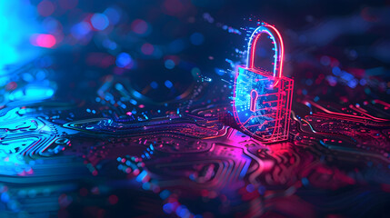 Cybersecurity Abstract Illustration - Digital Lock on Circuit Board with Neon Lights