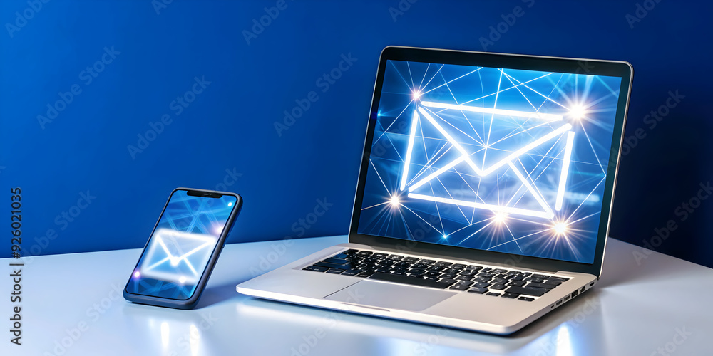Poster modern workspace concept with holographic email app on mobile phone and laptop screens. focus on com