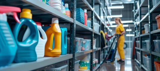 Housekeeper Demonstrating Advanced Cleaning Tools in a Modern, Organized Storage Area for Efficient Use