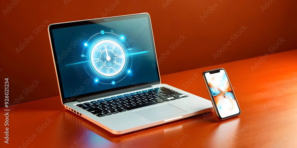Poster modern workspace with holographic time management app on mobile phone and laptop screens. showcasing