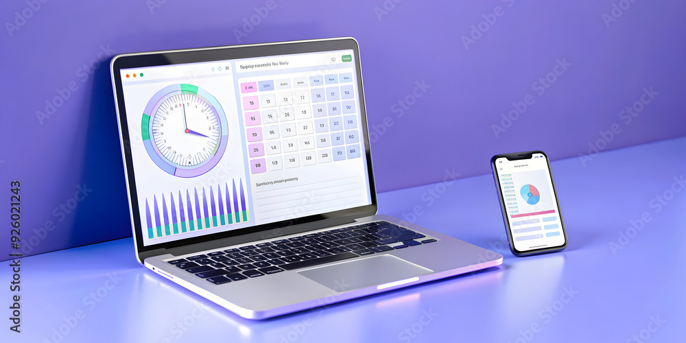 Poster modern workspace with time management app on phone and laptop screens. emphasizing flexible workspac