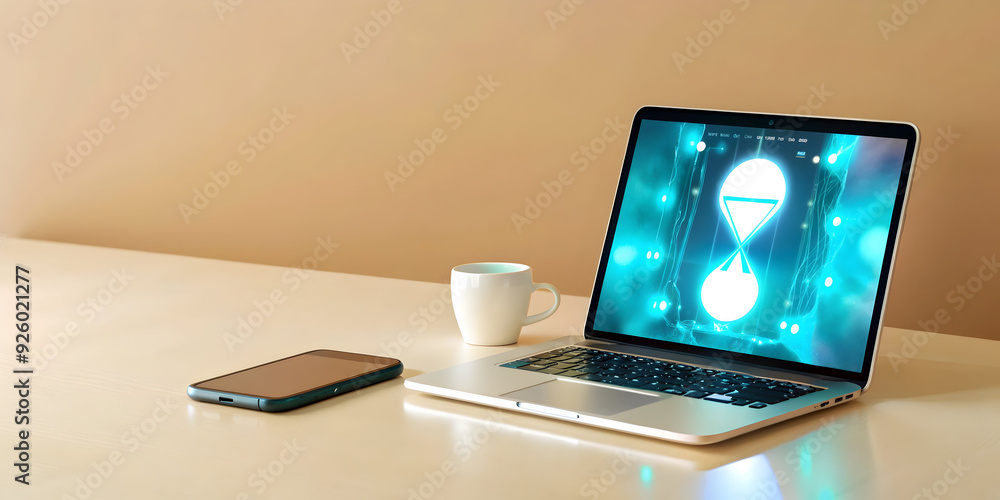 Poster modern workspace with time management app on mobile phone and laptop screens. emphasizing flexible w