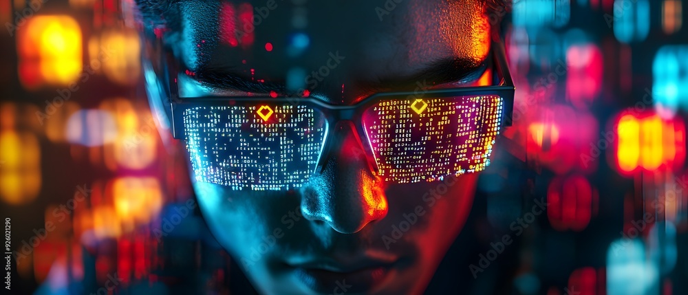 Poster cyber hacker in neon lights.