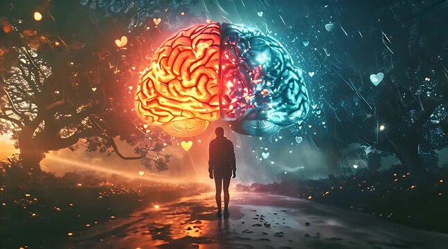 A figure stands between a vibrant red and blue brain illuminated by hearts amidst a magical environment