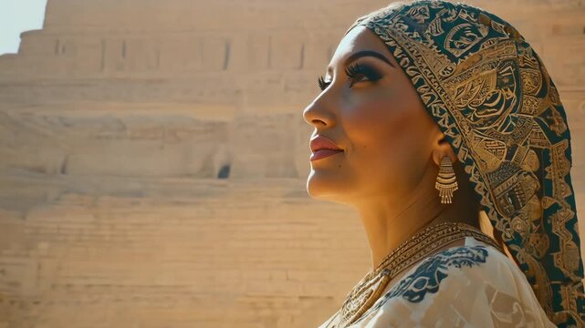 Egyptian woman walks through columns of Egypt Complex. Female in traditional dress Exploring Ancient Temple. Fashion stylish beauty girl with make up of Cleopatra. Beautiful gold jewelry in desert.