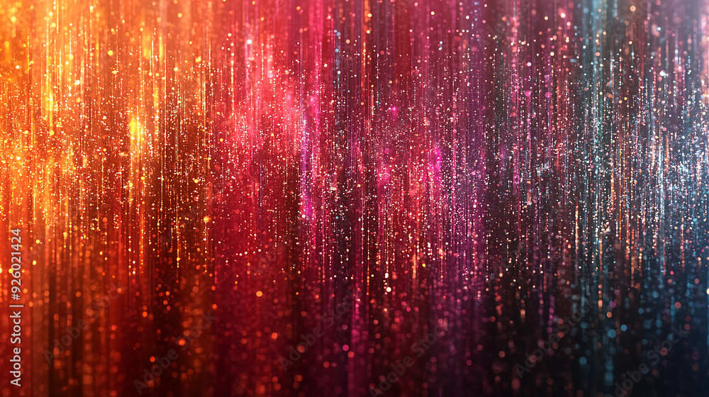 Poster vibrant abstract design featuring shimmering vertical lines of light and glowing particles in warm p