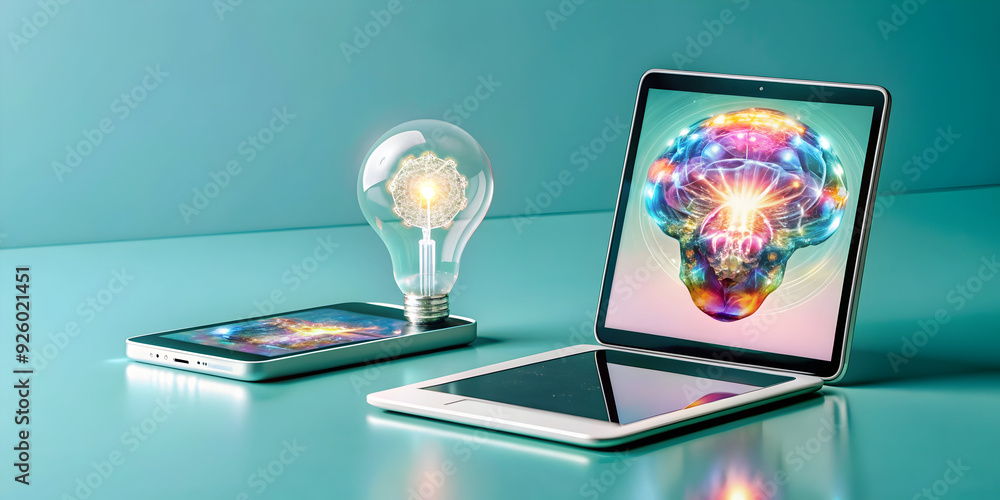 Poster creative workspace with holographic brainstorming app on mobile phone and tablet. modern design with