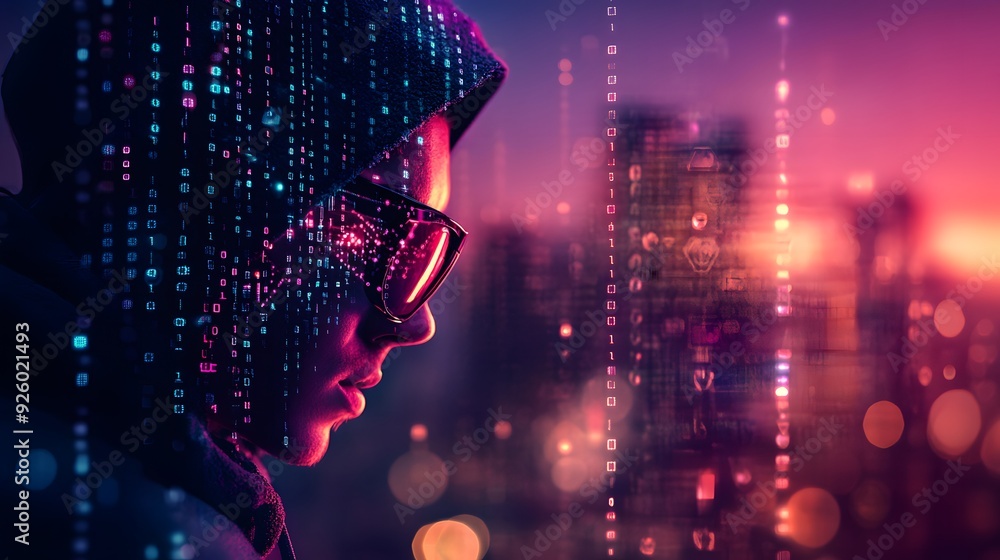 Poster anonymous hacker with digital overlay in a city at night.