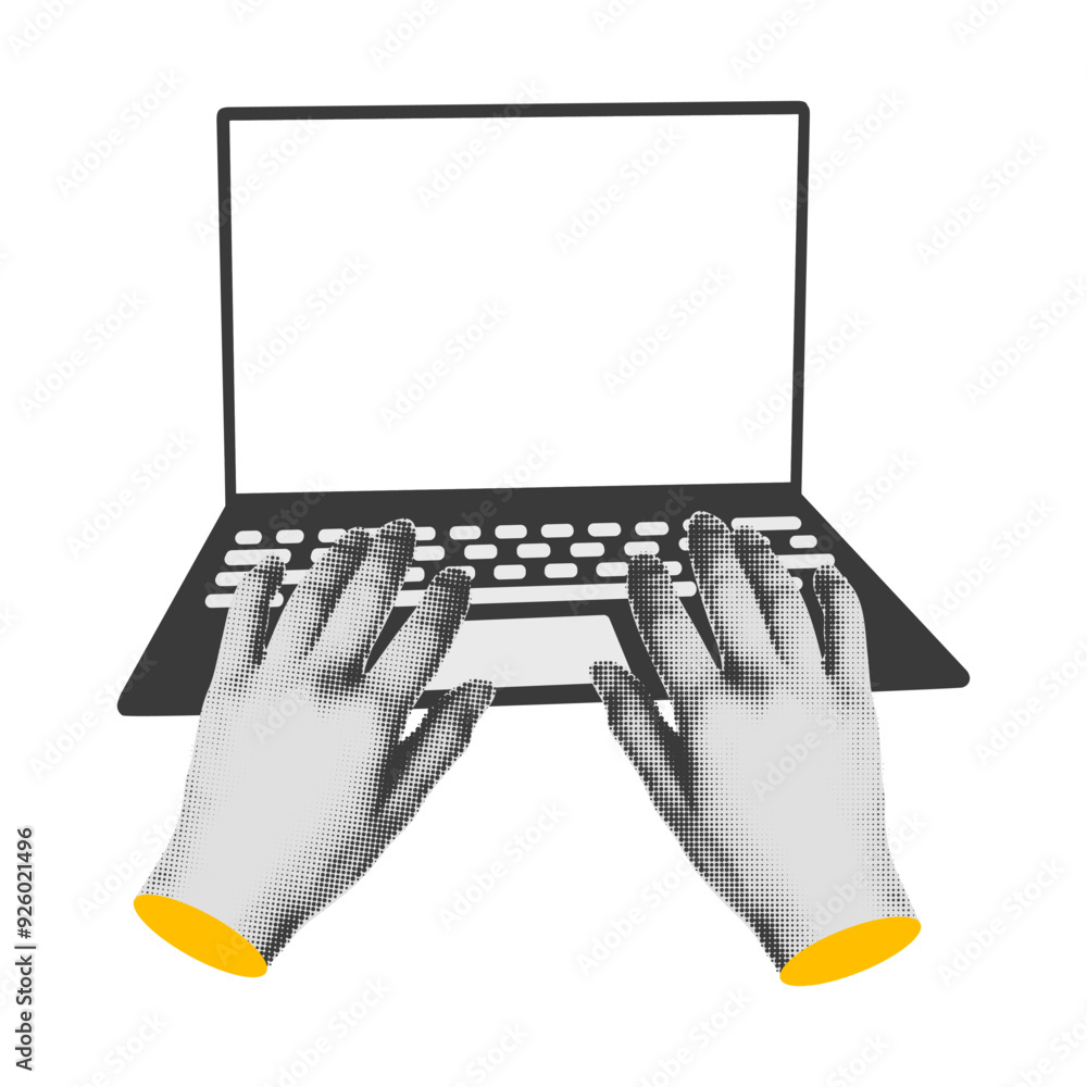 Fototapete halftone hands work on laptop computer with blank screen modern art collage cut out from magazine el