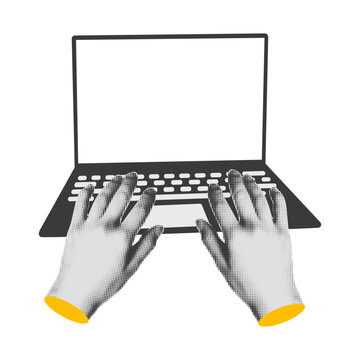 Halftone hands work on laptop computer with blank screen modern art collage cut out from magazine element for mixed media design. Vector illustration isolated on transparent background